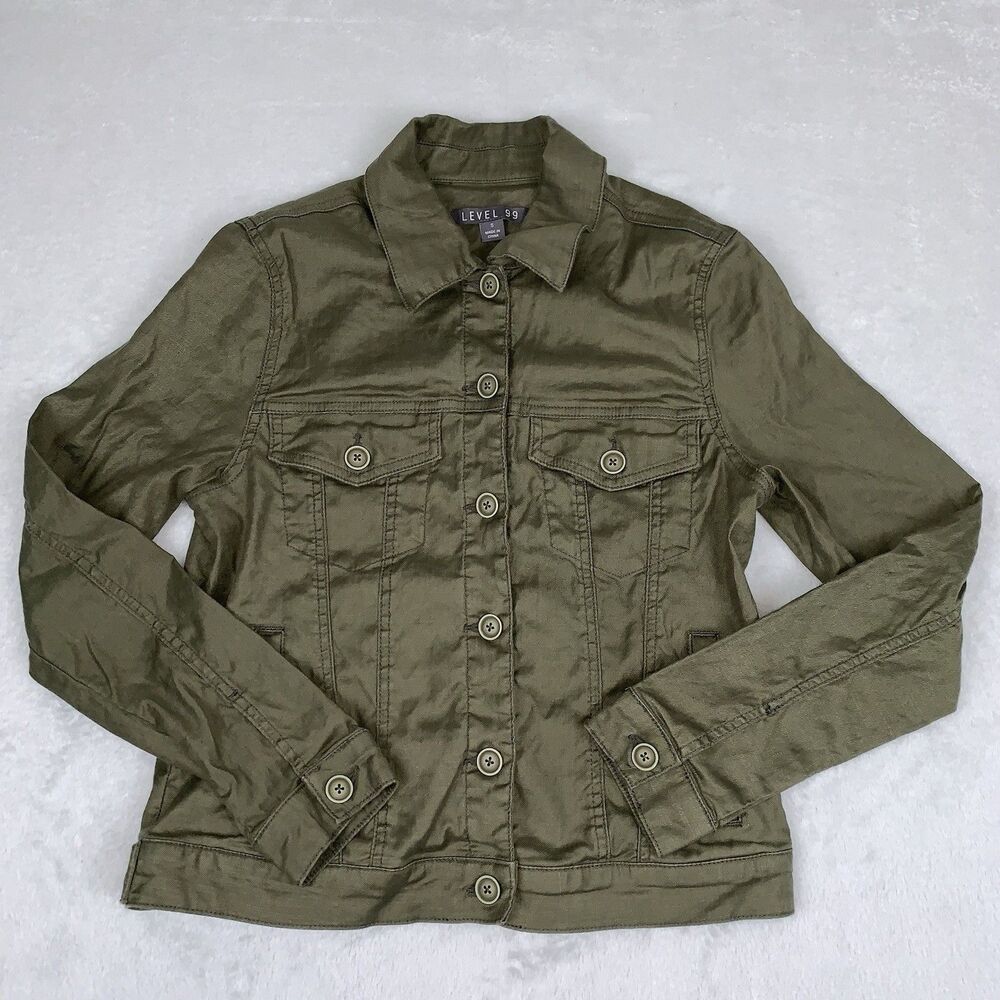 Level 99 Utility Shirt Jacket Lightweight Olive Army Green Linen Lyocell Spandex